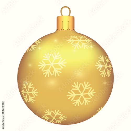 Beautiful gold Christmas balls with snowflake patterns on a white background with glitter. Decorations for New Year tree and Christmas design. Vector realistic object Illustration 10 EPS