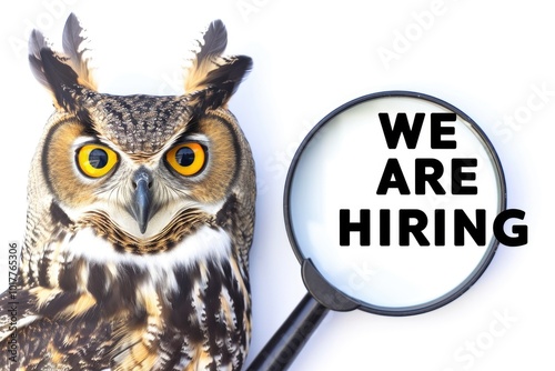 Owl with Magnifying Glass Promoting Job Openings on White Background photo