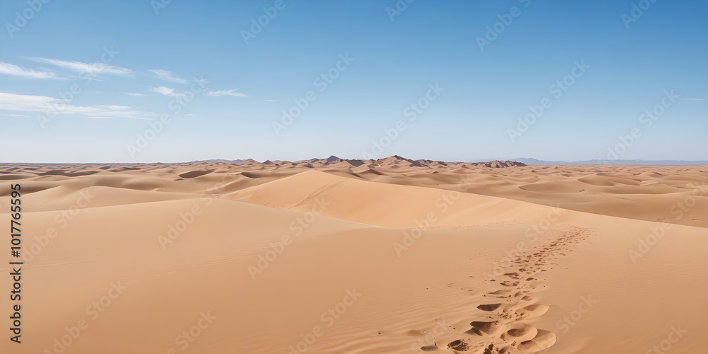 A vast desert landscape with rolling sand dunes under a clear blue sky A vast desert landscape with rolling sand dunes under a clear blue sky