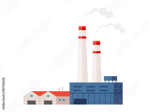 A factory setup with two tall smoke stacks emitting light smoke, three storage buildings with red roofs, and a main industrial building. Ideal for industrial, manufacturing, energy production