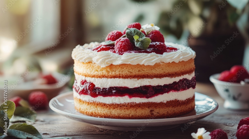 Victoria sponge cake on a rustic table with jam and cream layers, highlighted with a soft natural light. Victoria sponge cake on a rustic table with jam and cream layers, highlighted with a soft natural light.