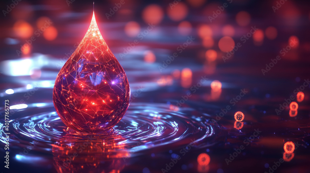 A single drop of water or blood, magnified to show glowing, geometric microbes and viruses. This futuristic image represents the world of microbiology research.low poly wireframe. A single drop of water or blood, magnified to show glowing, geometric microbes and viruses. This futuristic image represents the world of microbiology research.low poly wireframe.