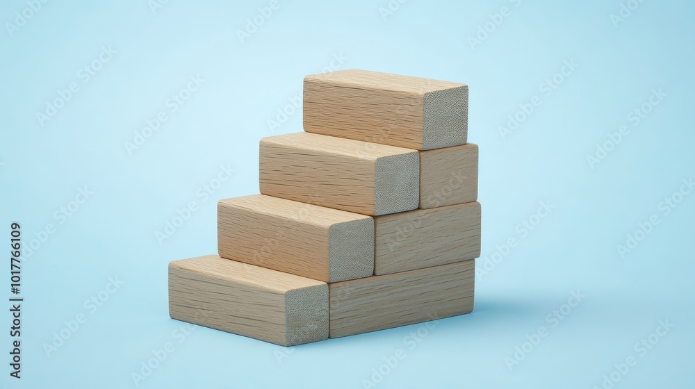 Stacked wooden blocks arranged as steps on a light blue background, representing growth and progress in business. Minimalist design with plenty of copy space. Stacked wooden blocks arranged as steps on a light blue background, representing growth and progress in business. Minimalist design with plenty of copy space.