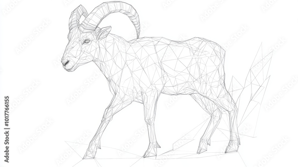 A digital drawing of a mountain goat, shown as a simple outline. It's part of a collection of animal drawings in a 3D style, representing the Chinese zodiac.low poly wireframe. A digital drawing of a mountain goat, shown as a simple outline. It's part of a collection of animal drawings in a 3D style, representing the Chinese zodiac.low poly wireframe.