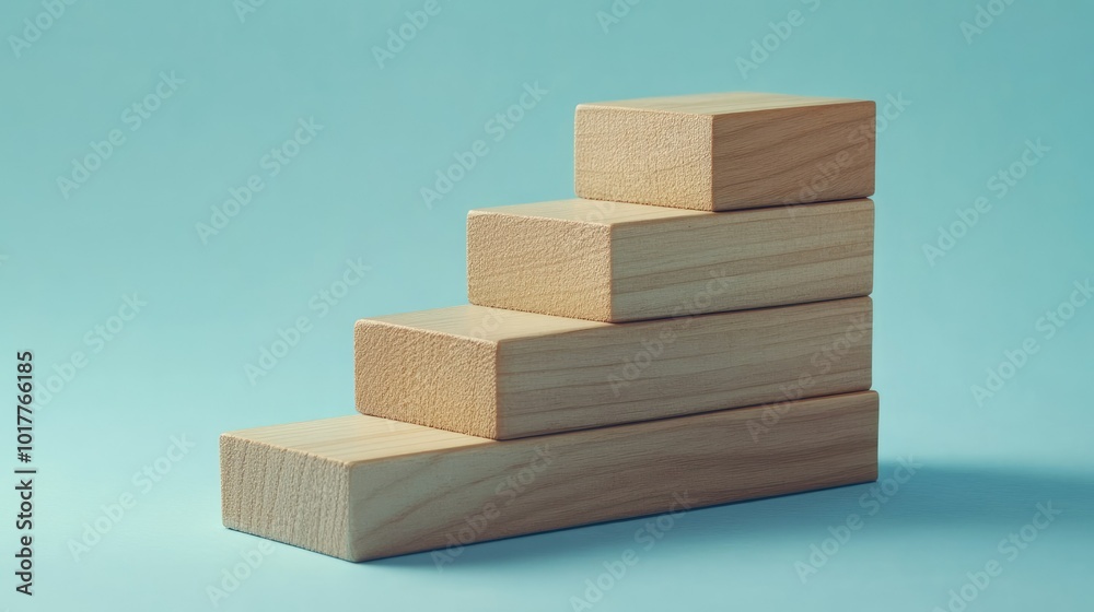 Stacked wooden blocks on a blue paper surface, forming a clear step-by-step visual for business growth. Ideal for presentations with available copy space. Stacked wooden blocks on a blue paper surface, forming a clear step-by-step visual for business growth. Ideal for presentations with available copy space.