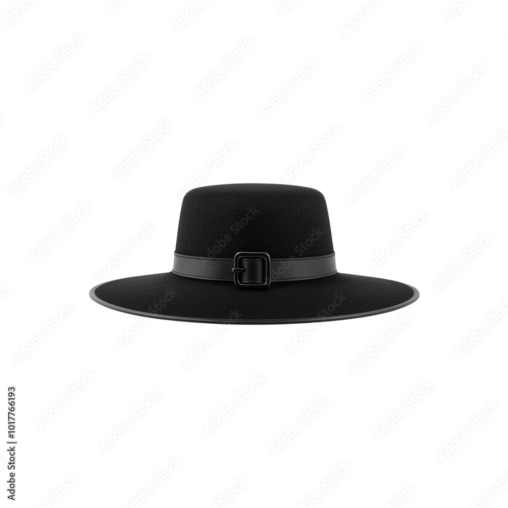 Black witch hat with a buckled band on a white background