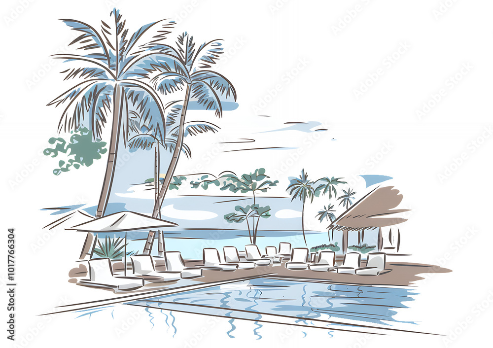 Obraz premium A tropical paradise awaits with a sparkling pool, lush palm trees, and comfortable lounge chairs.