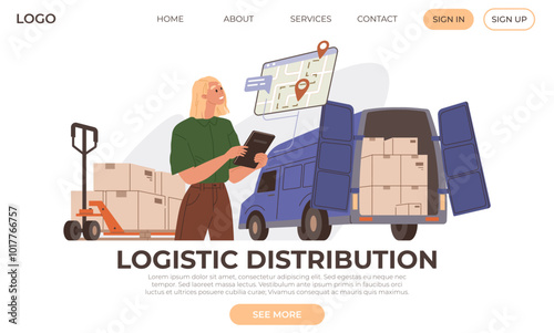 Logistic distribution landing page template. Good trade and logistics, international delivery. Movement of goods from manufacturers to consumers. Warehousing, transportation, and inventory management