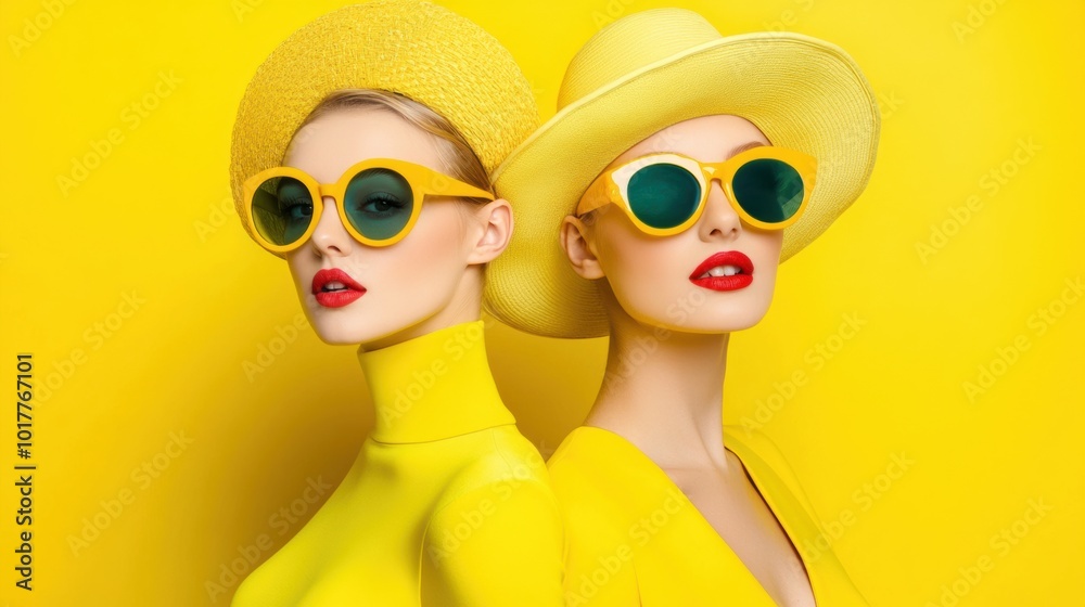 Fototapeta premium Two Fashionable Women in Yellow Outfits and Sunglasses Against a Vibrant Yellow Background, AI