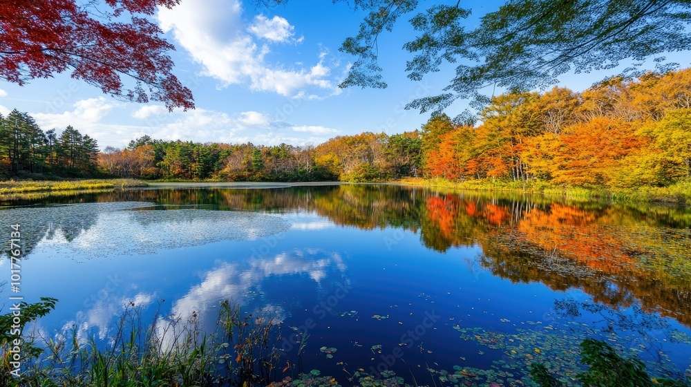 The vibrant Blue Pond in Hokkaido, reflecting the blue sky and surrounding trees, creating a magical and calming atmosphere.