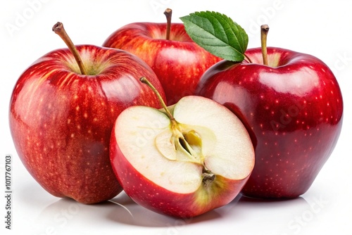 Red apple with leaf and slice on white background