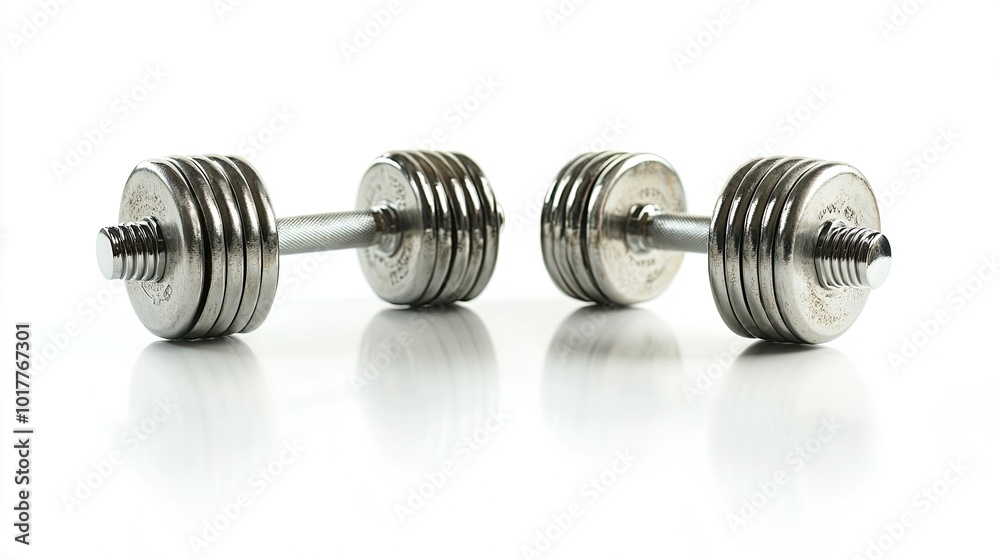 Two identical steel dumbbells placed parallel to each other, isolated on a bright white background, with reflections visible on their metallic surfaces Two identical steel dumbbells placed parallel to each other, isolated on a bright white background, with reflections visible on their metallic surfaces