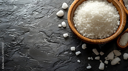 A wooden bowl of sea salt on the right side with some salt scattered on a white surface. 