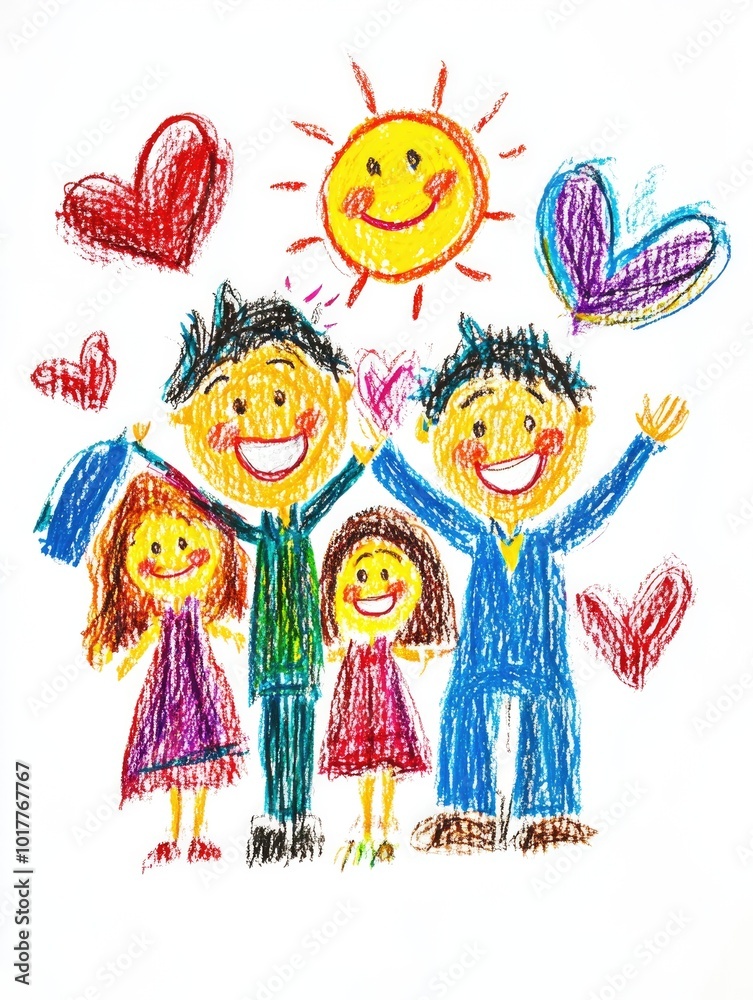 A cheerful crayon drawing of a happy family with hearts and a sun overhead, featuring two adults and two children smiling with raised hands in a playful and colorful scene. A cheerful crayon drawing of a happy family with hearts and a sun overhead, featuring two adults and two children smiling with raised hands in a playful and colorful scene.