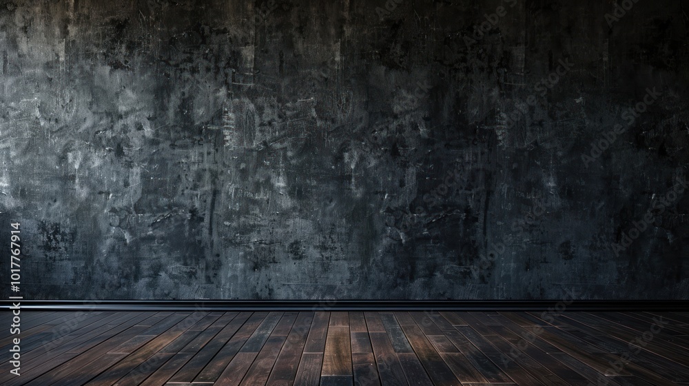 A large, empty room with a wooden floor and a wall made of concrete