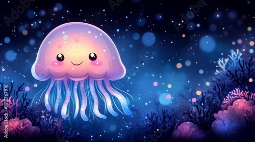 Cute bioluminescent jellyfish swimming over coral reef at night