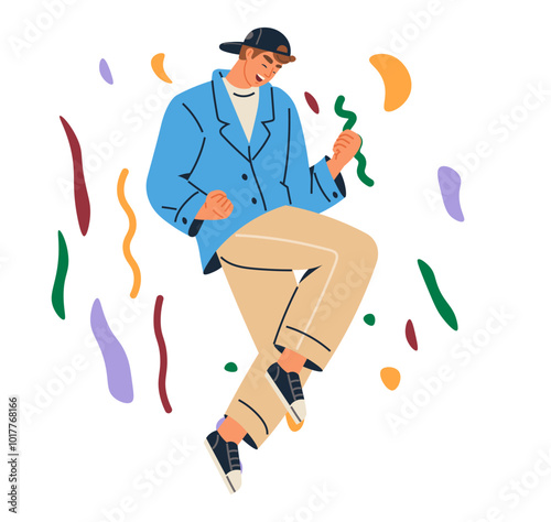 Celebration concept. A man wearing a blue jacket and cap dances joyfully, surrounded by colorful confetti and abstract shapes. Ideal for festivities, parties, joy, entertainment, and youth culture photo