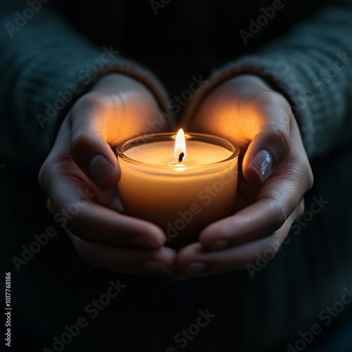 Hands holding a candle in a dark room