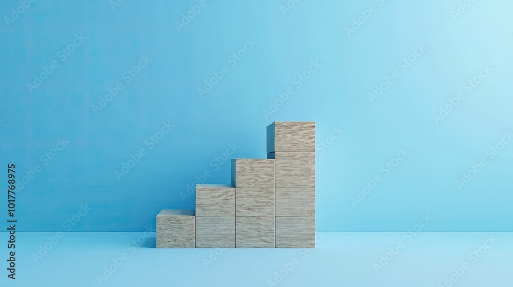 Wooden blocks arranged as a staircase on a blue backdrop, representing business development and success. A minimalist, modern design with open copy space. Wooden blocks arranged as a staircase on a blue backdrop, representing business development and success. A minimalist, modern design with open copy space.