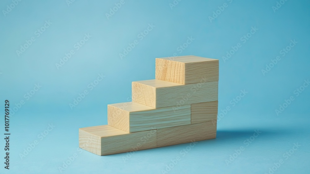 Wooden blocks forming a staircase against a blue backdrop, symbolizing progress and growth in business. Ample copy space for business promotions or text. Wooden blocks forming a staircase against a blue backdrop, symbolizing progress and growth in business. Ample copy space for business promotions or text.