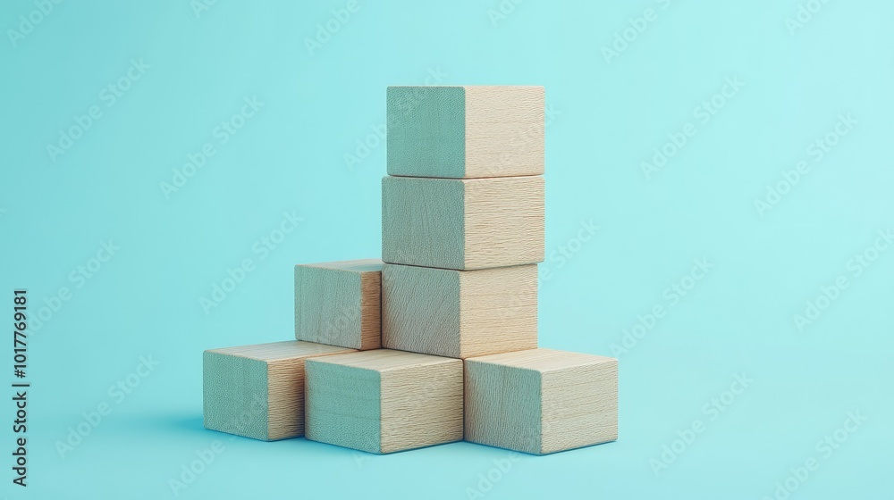 Wooden blocks in a stair formation on a light blue background, demonstrating a clear path to business growth. Plenty of empty space for promotional text or logos. Wooden blocks in a stair formation on a light blue background, demonstrating a clear path to business growth. Plenty of empty space for promotional text or logos.