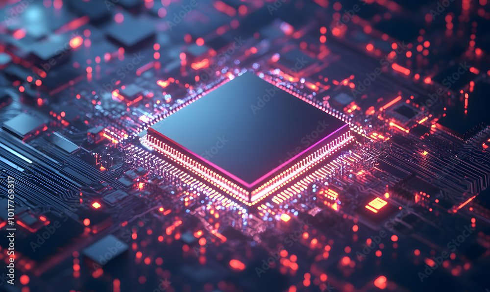 Futuristic AI Chip with Neon Circuits and Dynamic Data Streams in High-Tech Digital Environment Futuristic AI Chip with Neon Circuits and Dynamic Data Streams in High-Tech Digital Environment