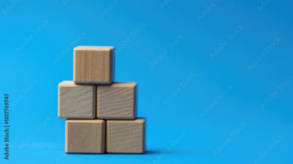 Wooden blocks stacked on a blue background, representing a business growth ladder. The minimalistic setup offers room for copy or branding elements. Wooden blocks stacked on a blue background, representing a business growth ladder. The minimalistic setup offers room for copy or branding elements.