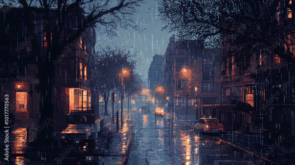 Naklejka premium Rainy Streets Pixel Art