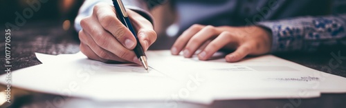 A person signing important documents on a wooden table with a pen in a cozy indoor setting during the afternoon. Wide web banner.