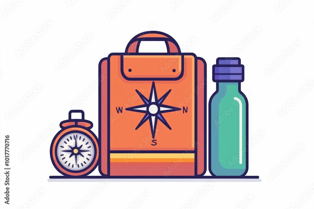 Minimalist icon design featuring a simple backpack compass and water bottle symbolizing essential equipment and gear for outdoor adventure and travel concepts The clean Minimalist icon design featuring a simple backpack compass and water bottle symbolizing essential equipment and gear for outdoor adventure and travel concepts The clean