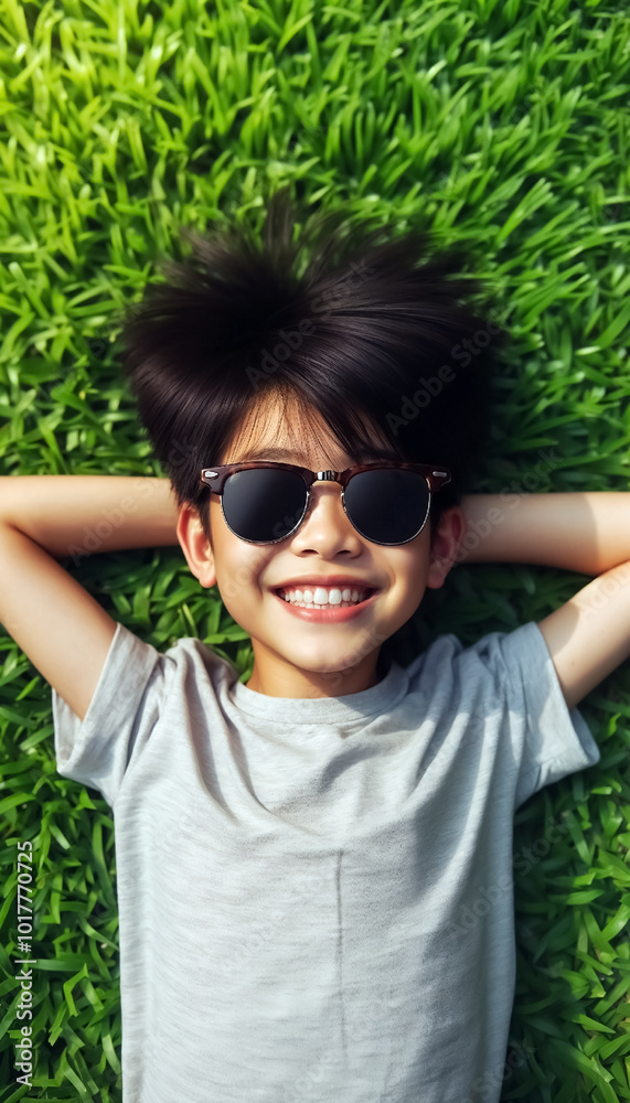 A boy in sunglasses and lying on green grass 