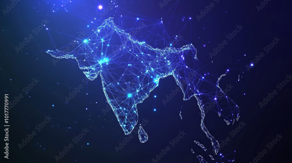 A futuristic, glowing map of India made up of stars, lines, dots, and triangles. This design symbolizes communication and internet technologies.low poly wireframe. A futuristic, glowing map of India made up of stars, lines, dots, and triangles. This design symbolizes communication and internet technologies.low poly wireframe.