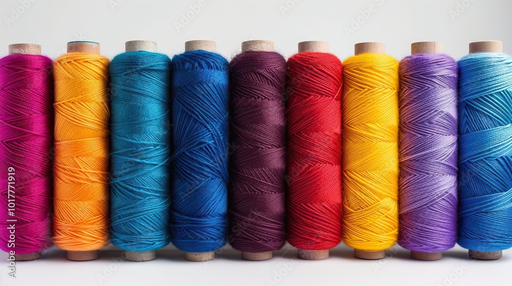 Colorful Spools of Thread in a Row, Representing Crafting and Textile Arts with Vibrant Yarn Colorful Spools of Thread in a Row, Representing Crafting and Textile Arts with Vibrant Yarn
