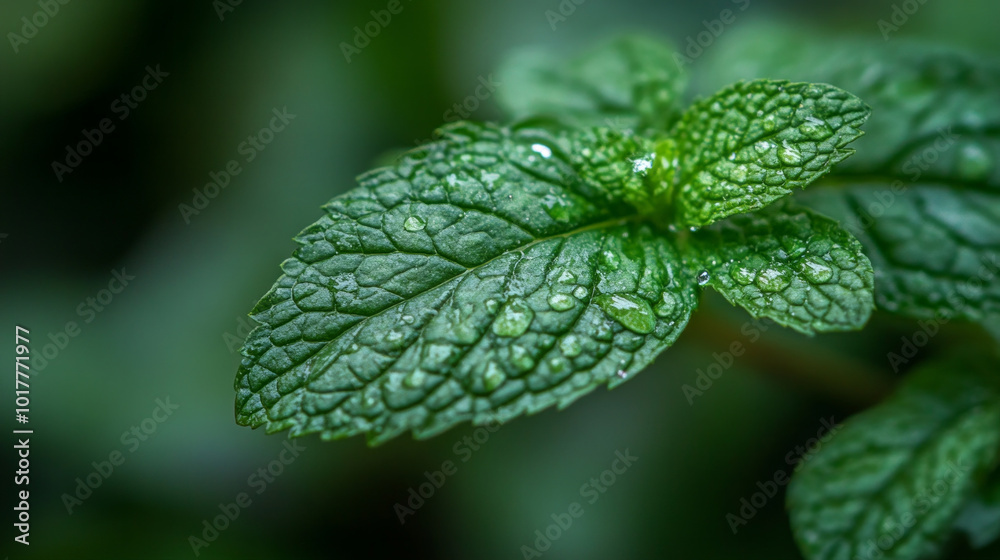 A leaf of mint is wet and shiny A leaf of mint is wet and shiny
