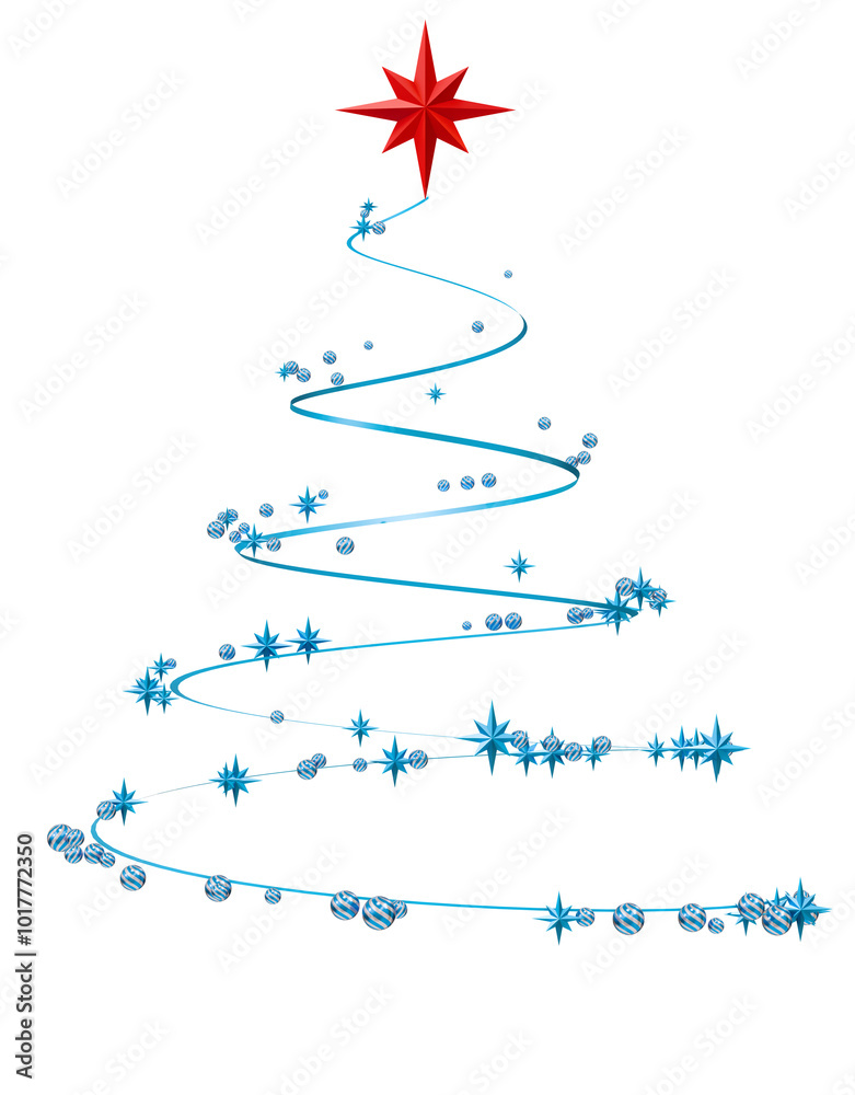 Fototapeta premium 3D illustration presents a stylized Christmas tree formed by a swirling, blue line adorned with stars and circles. The minimalist design captures the essence of the holiday.