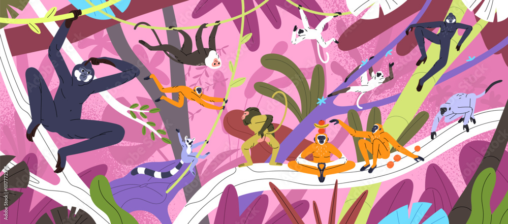 Fototapeta premium Group of monkeys plays in rainforest. Exotic primates of jungle have fun on palms. Different funny lemurs, marmosets, gibbons hanging on lianas, relax on tropical trees. Flat vector illustration