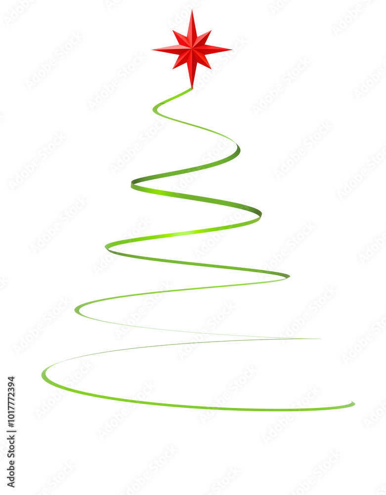 3D illustration features a swirling, green line forming a stylized Christmas tree. A red star and scattered stars and circles adorn the branches, creating a festive appearance. 3D illustration features a swirling, green line forming a stylized Christmas tree. A red star and scattered stars and circles adorn the branches, creating a festive appearance.