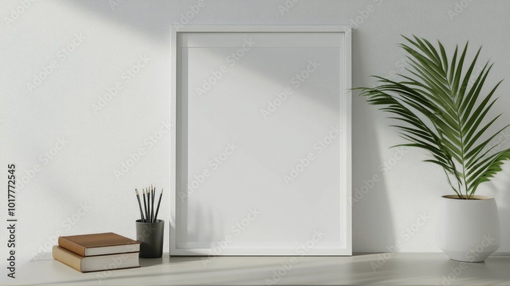 Fototapeta premium A white frame sits on a table next to a potted plant and a stack of books