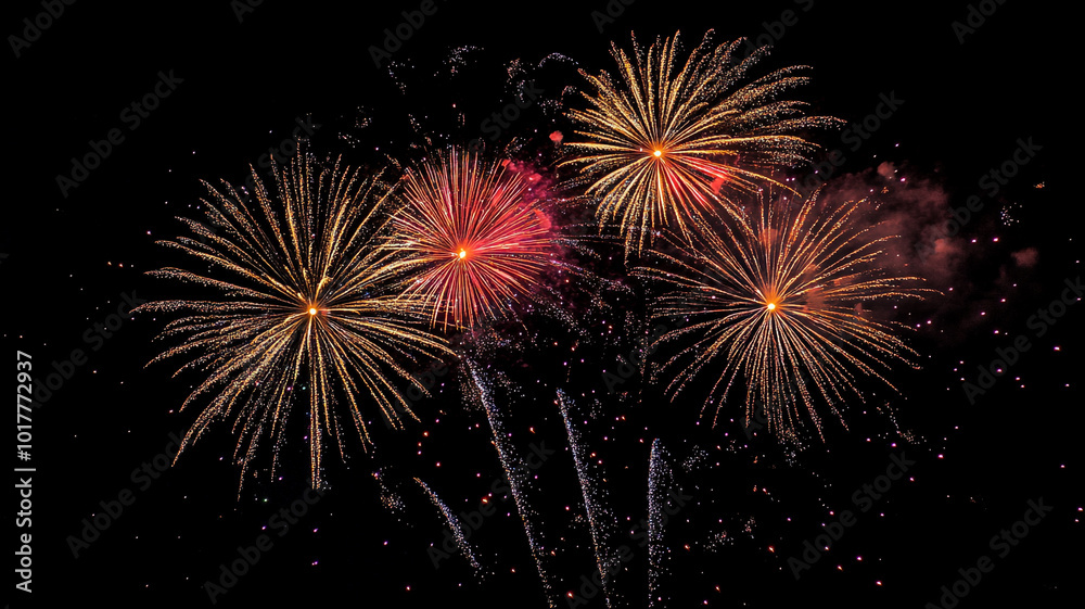 Fireworks illuminate the night sky in celebration of the New Year 2025 at midnight Fireworks illuminate the night sky in celebration of the New Year 2025 at midnight