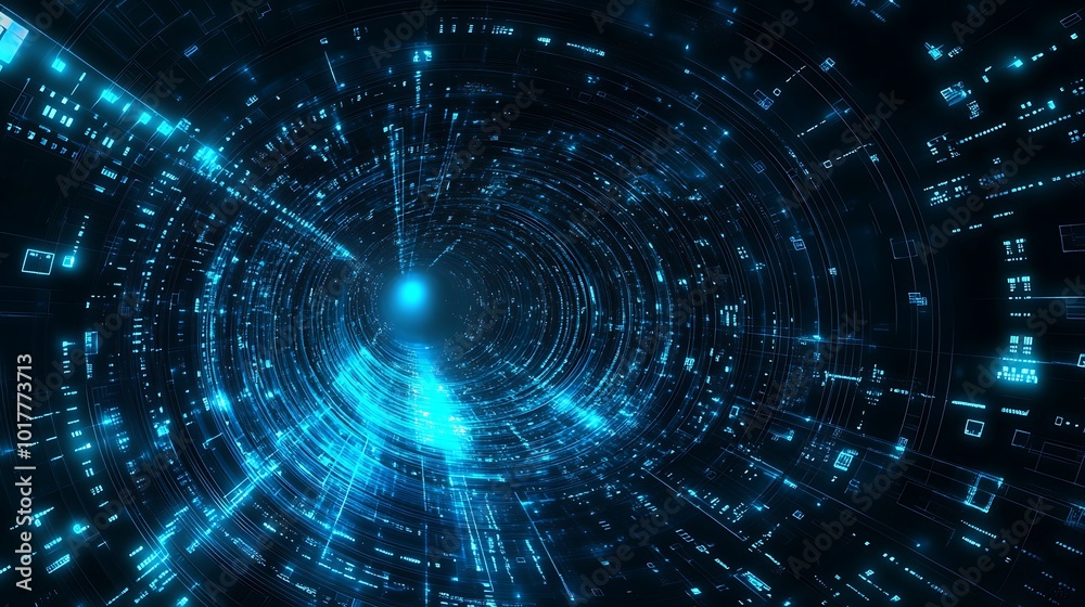 Abstract digital tunnel with glowing blue lights and data patterns. Abstract digital tunnel with glowing blue lights and data patterns.