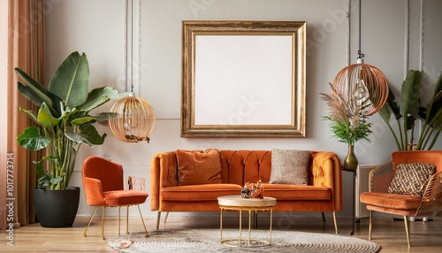 Stylish compositon of retro home interior with mock up poster frame, vintage orange chair, velvet sofa, design lamps, gold shelf, plants and elegant accessories. Nice home decor of living rooms. photo