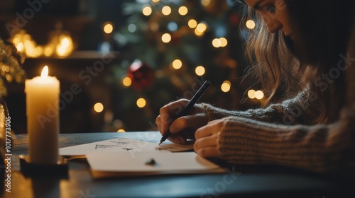 Cozy winter evening with a person sketching by candlelight near a decorated Christmas tree and warm festive lights photo