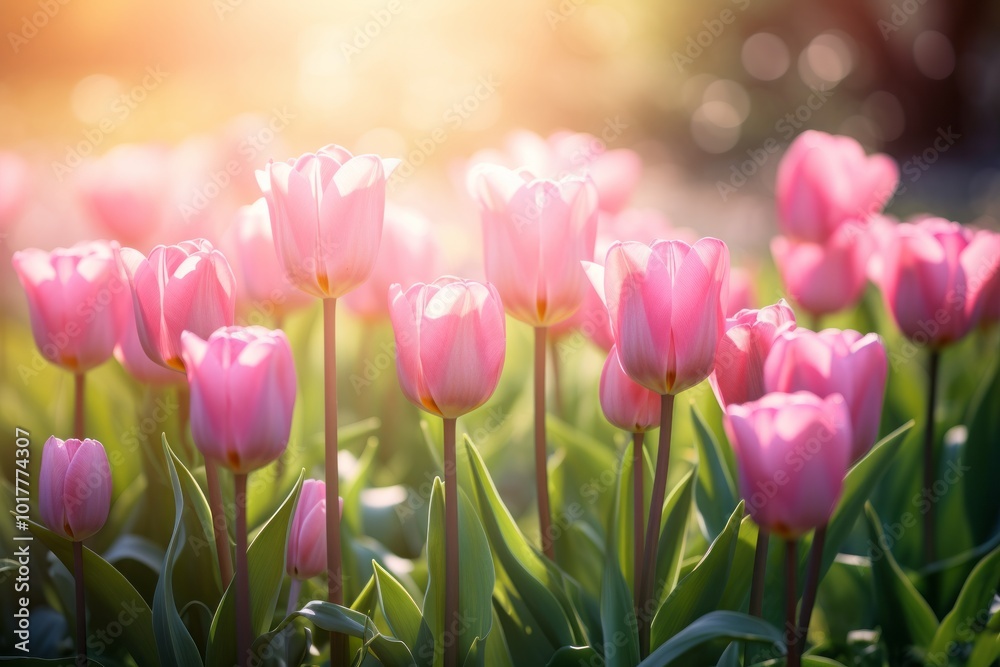 Close-Up of Vibrant Pink Tulips in Full Bloom Across a Scenic Field, generative ai Close-Up of Vibrant Pink Tulips in Full Bloom Across a Scenic Field, generative ai
