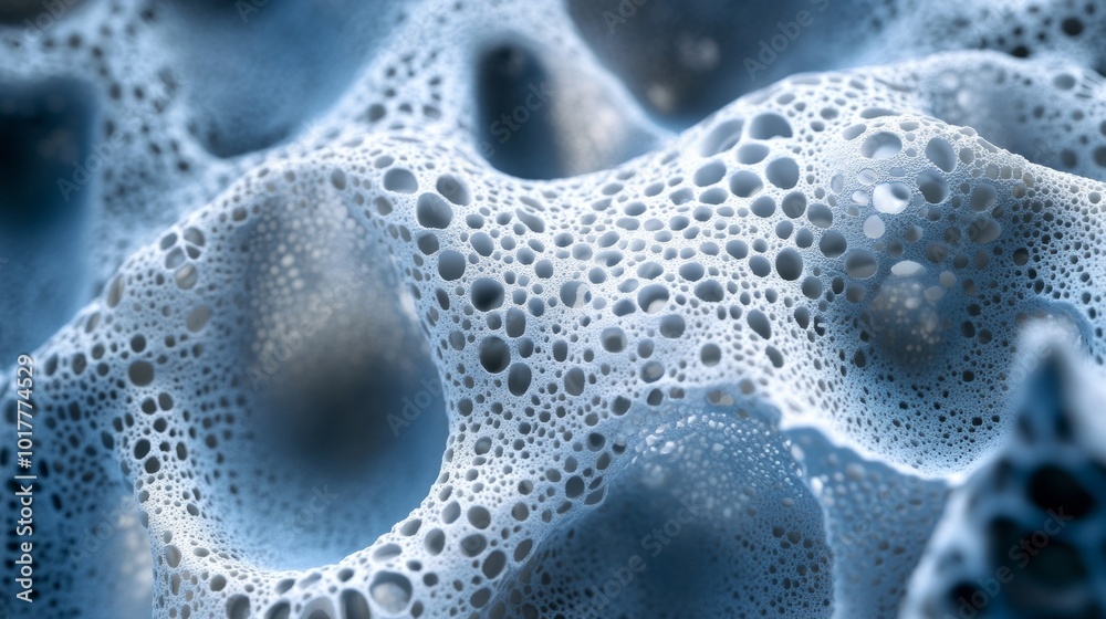 The image is a close up of a blue and white object with many small bubbles The image is a close up of a blue and white object with many small bubbles