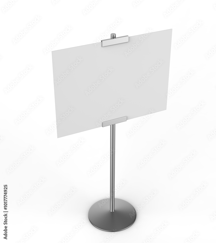 Obraz premium Blank Poster sign stand. Floor standing display realistic mockup. Adjustable pedestal with board, mock-up. 3d render illustration.