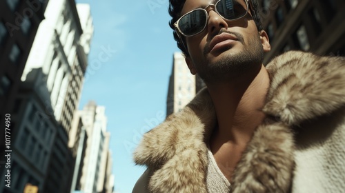 Stylish Man in Fur Coat and Sunglasses Posing in Urban Setting photo