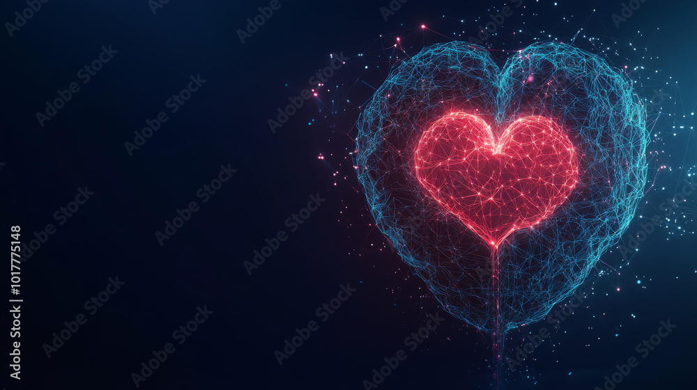 Futuristic design shows a glowing brain and heart connected by light energy,representing emotional intelligence.Modern, wireframe illustration is set against a dark blue background.low poly wireframe. Futuristic design shows a glowing brain and heart connected by light energy,representing emotional intelligence.Modern, wireframe illustration is set against a dark blue background.low poly wireframe.