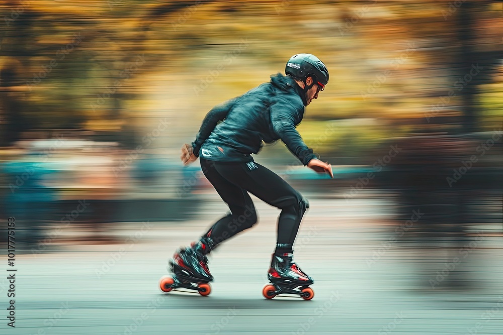 Obraz premium Blurred Motion of Inline Skater with Autumnal Background