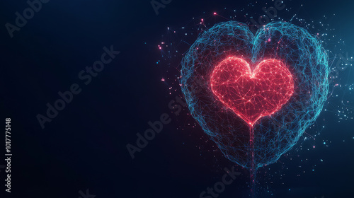 Futuristic design shows a glowing brain and heart connected by light energy,representing emotional intelligence.Modern, wireframe illustration is set against a dark blue background.low poly wireframe.