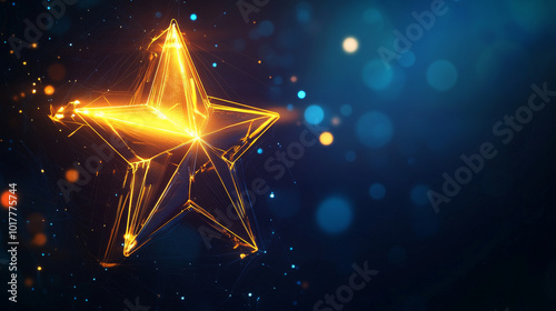 A futuristic, shiny medal with a golden star, designed with glowing lines and a modern look. This award symbol stands out against a dark blue background.low poly wireframe. photo